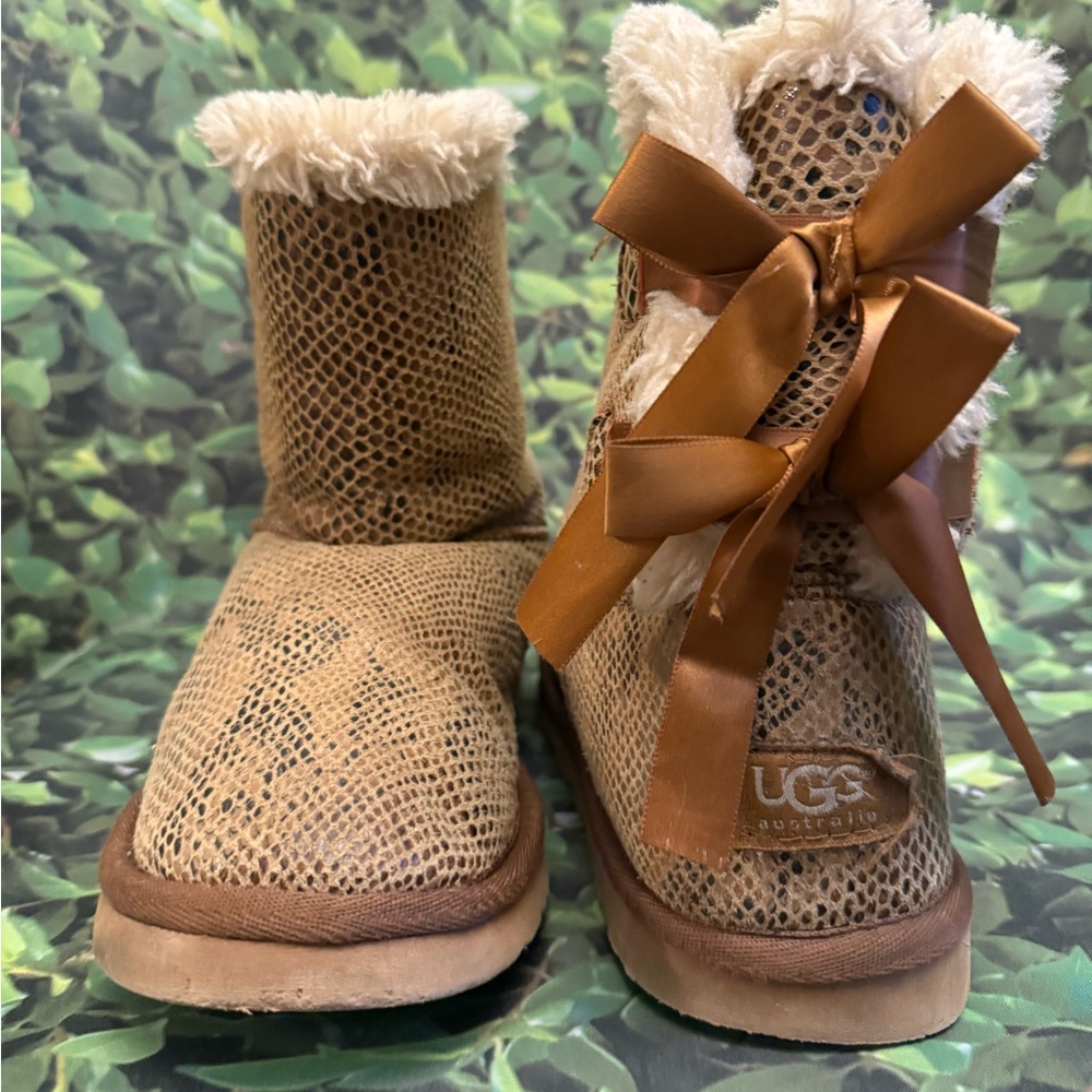 UGG Women's Bailey Bow Brown Snake Skin Print Boots with Ribbon Accent